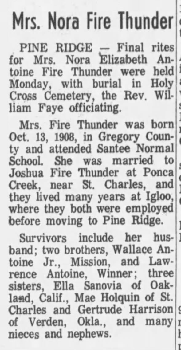 Mrs. Nora Fire Thunder obit